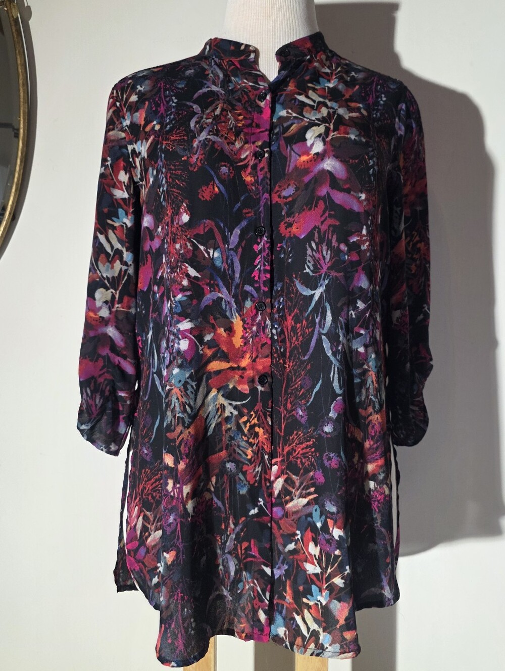 Cupio Black Floral Button-Up Tunic with Pink, Purple & Orange Motifs (Size XL)
